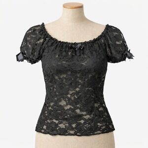 Floral Lace Whimsigoth Sheer Babydoll Top Size S Black Puff Sleeve Dark Romantic